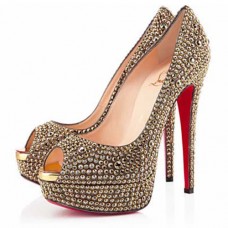 Christian Louboutin Lady Peep Strass 140mm Peep Toe Lodičky Zlaté Christian Louboutin Lady Peep Strass 140mm Peep Toe Lodičky Zlaté