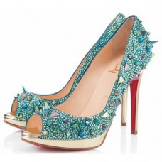 Christian Louboutin Yolanda Spikes 120mm Peep Toe Lodičky Zelené Christian Louboutin Yolanda Spikes 120mm Peep Toe Lodičky Zelené